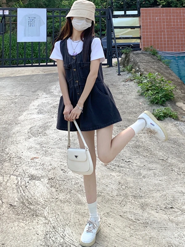 여름 얇은 데님 오버롤 여성용 하이웨이스트 A라인 드레스 스커트 슬림 효과 플러스 사이즈 출퇴근용