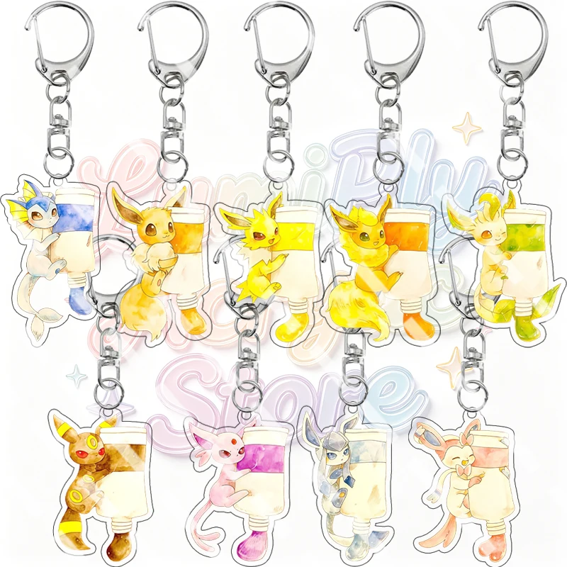 Anime Eevee Jolteon Flareon Leafeon Umbreon Espeon Drink Themed Acrylic Keychain Bag Pendant Game Key Rings Accessory Gifts Toys