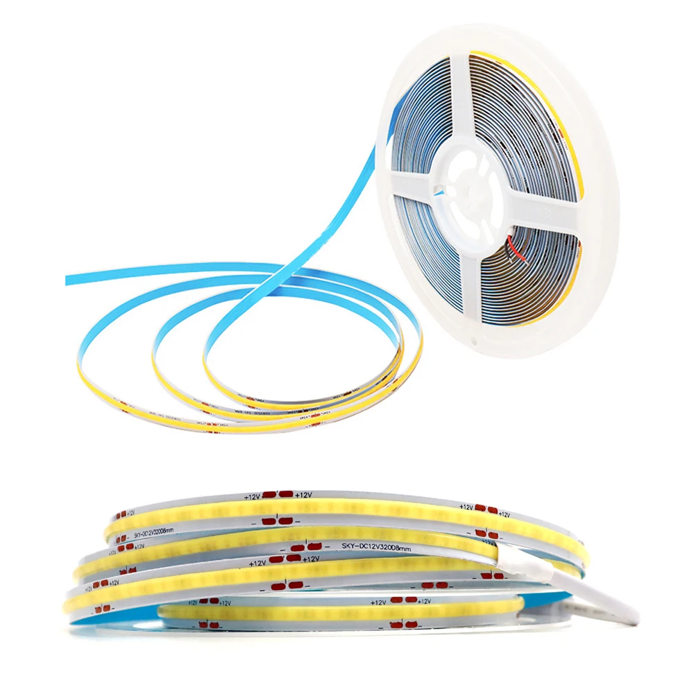 Linear Dimmable 24V 12V COB lampu Strip LED 8mm 320LEDs/M pita pita LED fleksibel untuk dekorasi kamar 3000K 4000K 6000K 5M 10M