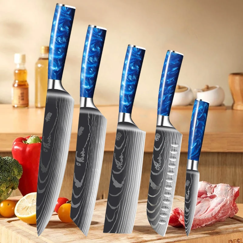 Resin Handle Chef Knives Set 7CR17Mov Steel Salmon Sashimi Knife Fish Fillet Utility Paring Curving JapaneseSantoku Knife