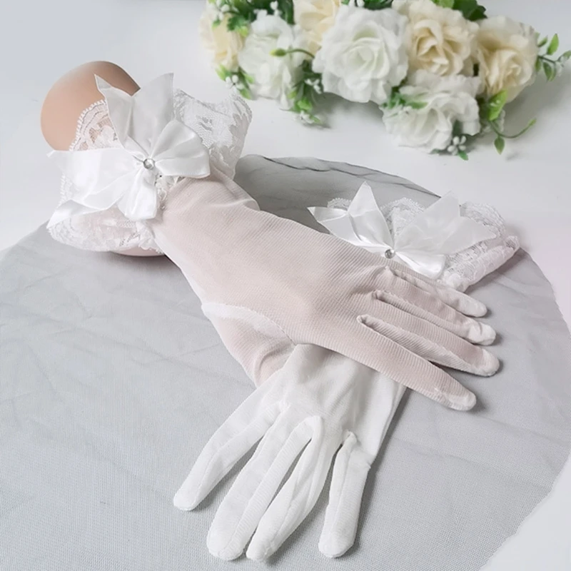 Bridal Wedding Gloves White Tulle with Lace & Bow Opera Party Short Gloves 10\