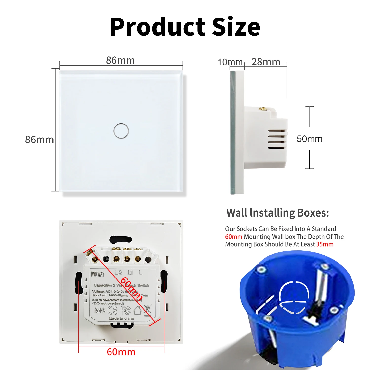 1gang 2way Touch Switch Two way Wall Switches EU Standard With Tempered Glass Panel For Bedroom 240V No Wifi No RF433