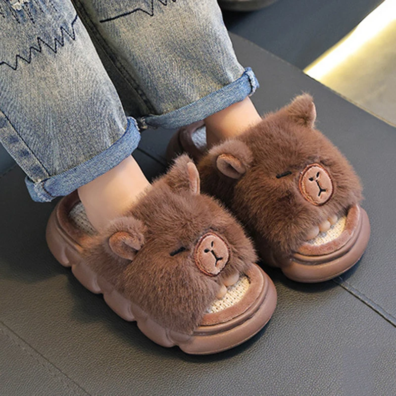 Lovely Capibala Linen Slippers for Children Four Seasons Thick Bottom Non Slip Home Slides Woman Comfortable Soft Sole Slippers - view 2