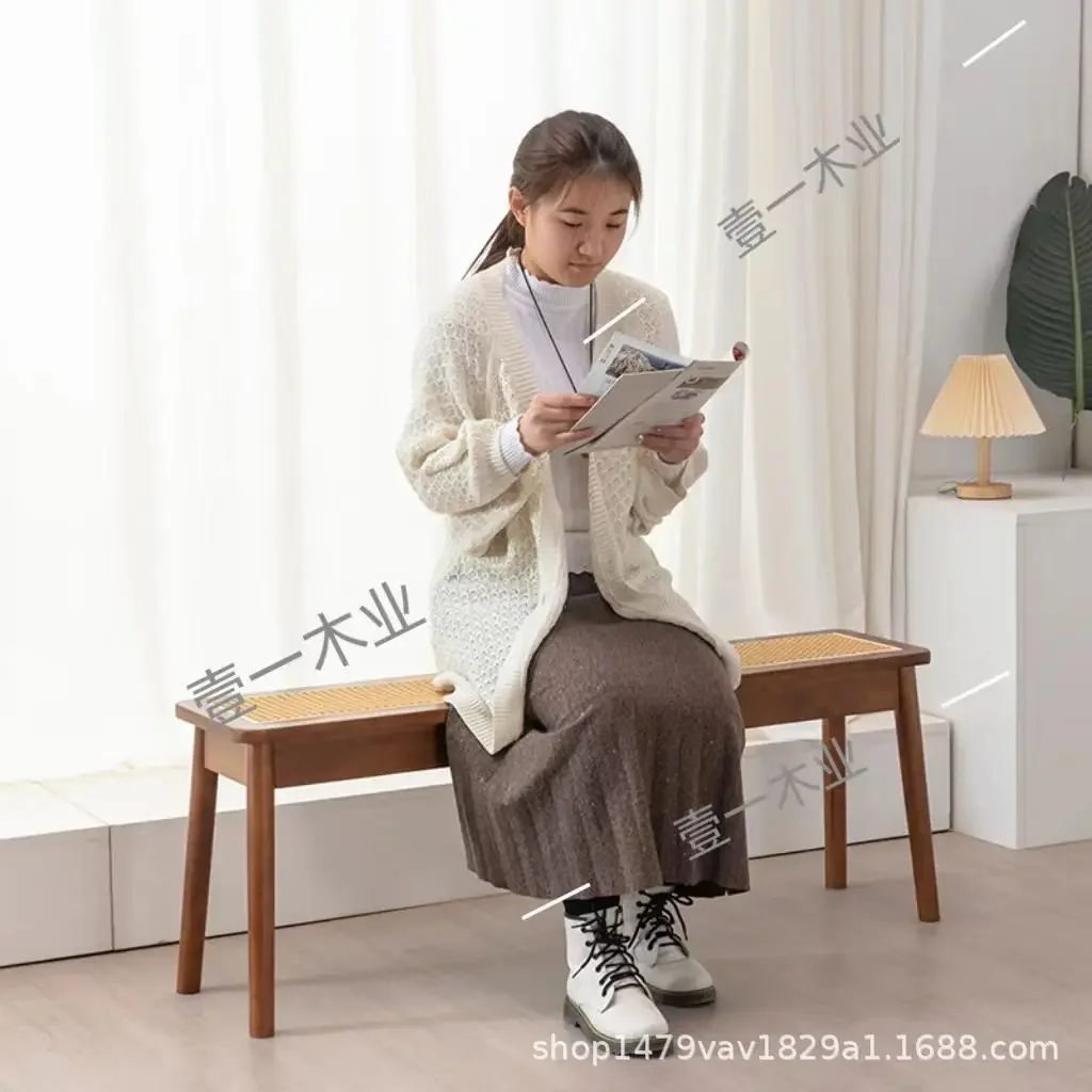 Nordic solid wood rattan woven light luxury long bench, square stool, bed tail stool, shoe stool, high-end dining chair,