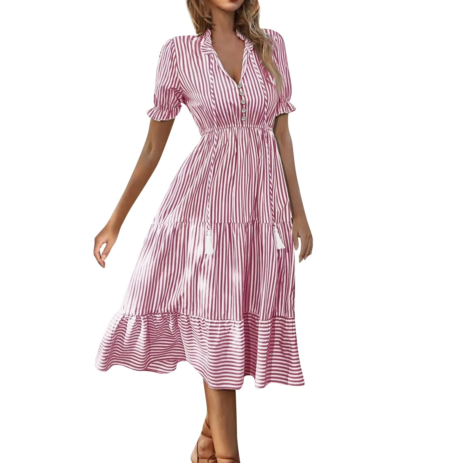 Women'S Striped V-Neck Dresses Summer New Elastic High Waist Short Sleeve Swing Dress Daily Date Vacation Matching Dress
