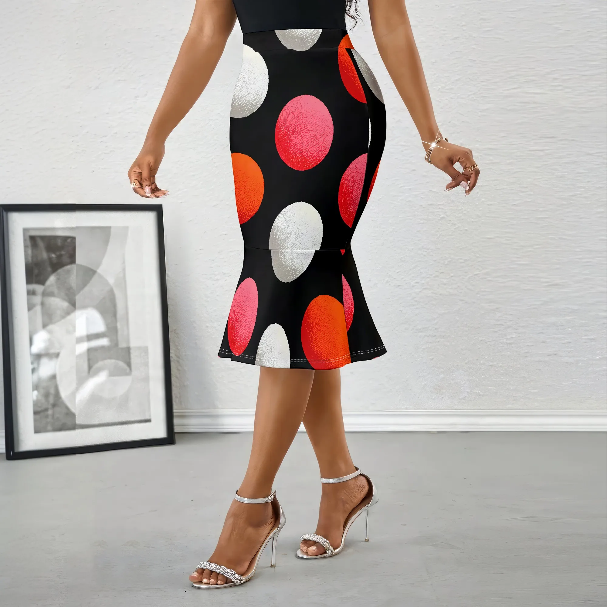 Polka Dot Midi Skirt, High Waist Bodycon Pencil Skirt, Stretchy Party Clubwear for Women, S-2XL
