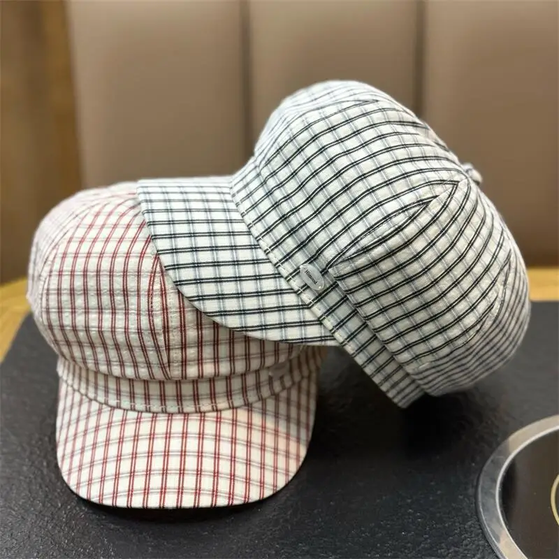 Frühling Sommer Vintage Gestreifte Achteckige Baskenmütze Damen Newsboy-Kappe Breite Krempe Lässige Vielseitige Dünne Süße Mütze