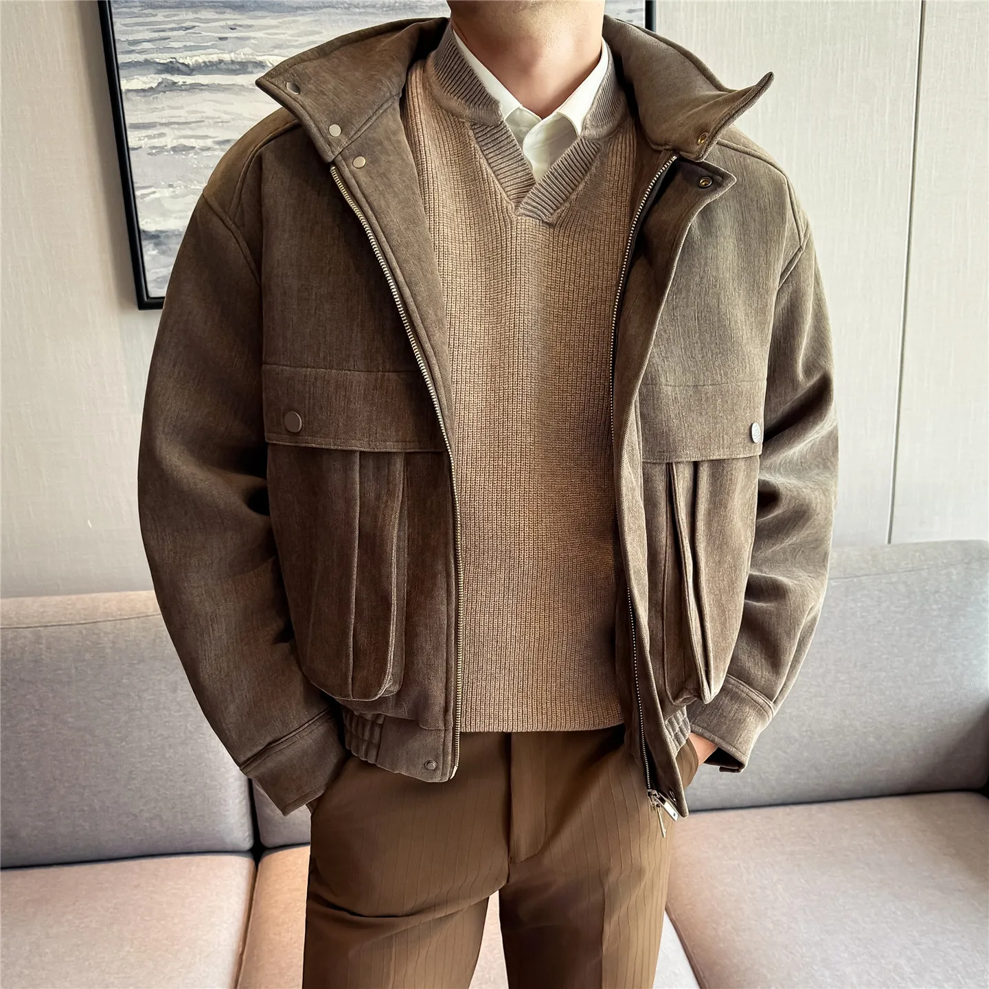 

Winer винтажная лиоцелла с воротником-стойкой, толстая теплая хлопковая куртка, мужская рабочая одежда, куртки-бомберы, свободное повседневное деловое ветрозащитное пальто