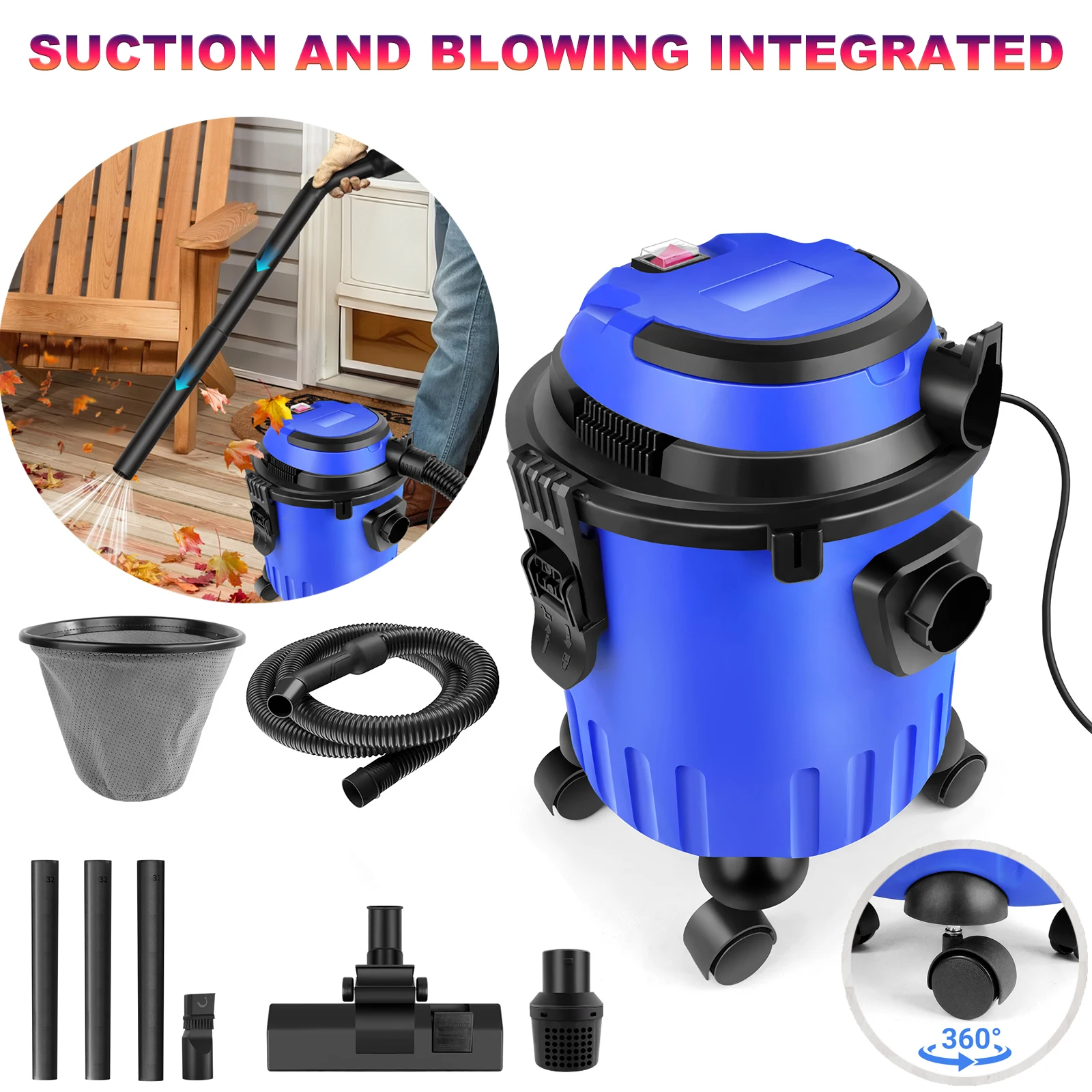 Aspirateur sec et humide 3 en 1, fonction de soufflage, récipient de 15 L, filtres HEPA lavables, pour atelier domestique et usage professionnel