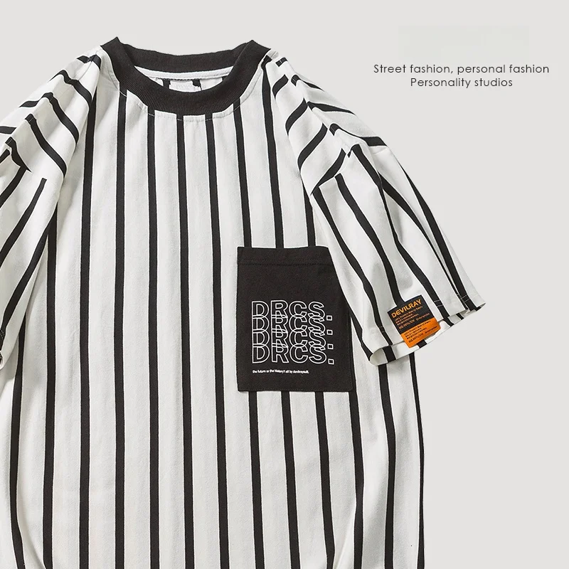 ニュートラルスタイルのストライプtシャツ、カラーブロックポケット付き、efrpコットン、カジュアル、ユニセックス、夏向けファッション、若々しいデザイン