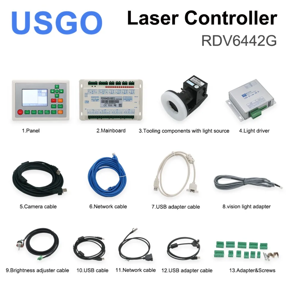 USGO Ruida RDV6442G + câmera CCD sistema de controle a laser Co2 para máquina de corte e gravação a laser Co2