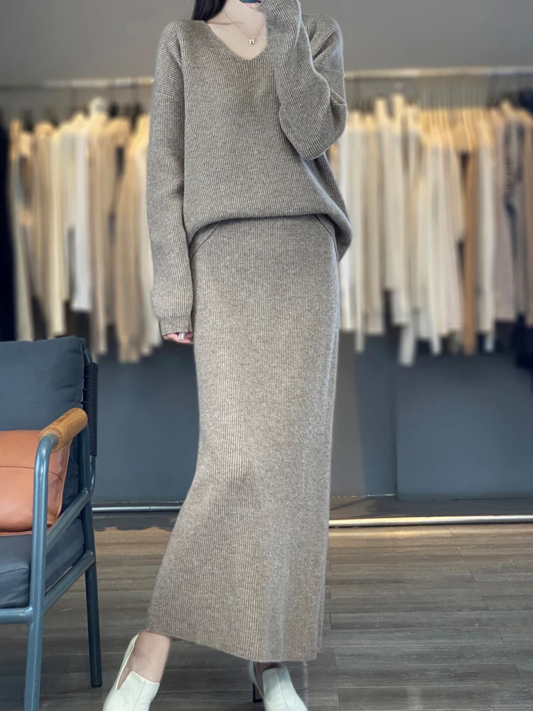 New Women 100% Merino Wool V-neck Sweater and Skirt Set Long Sleeve Pullover Knitwear Spring Autumn Grace Top Skirt Suit