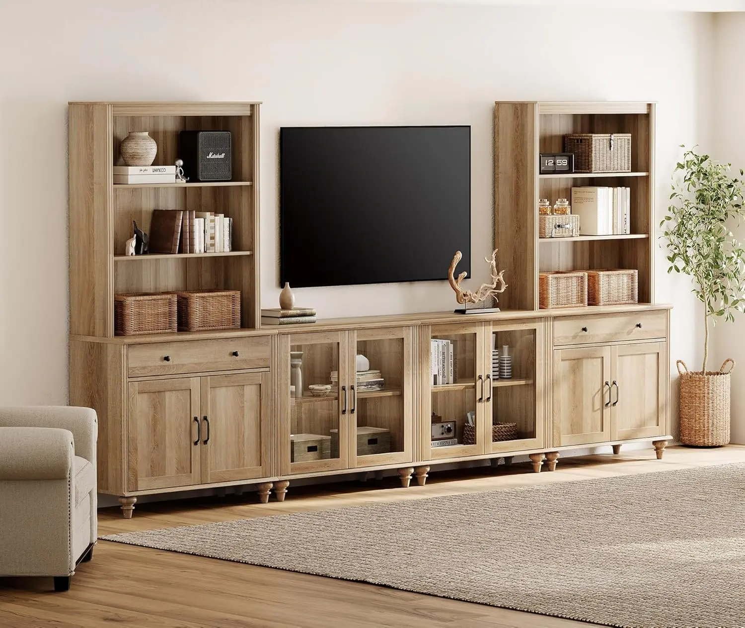 Wall Unit TV Stand with Glass Doors & Drawer, Media Console Table for Living Room, Bedroom & Home Theater, Oak