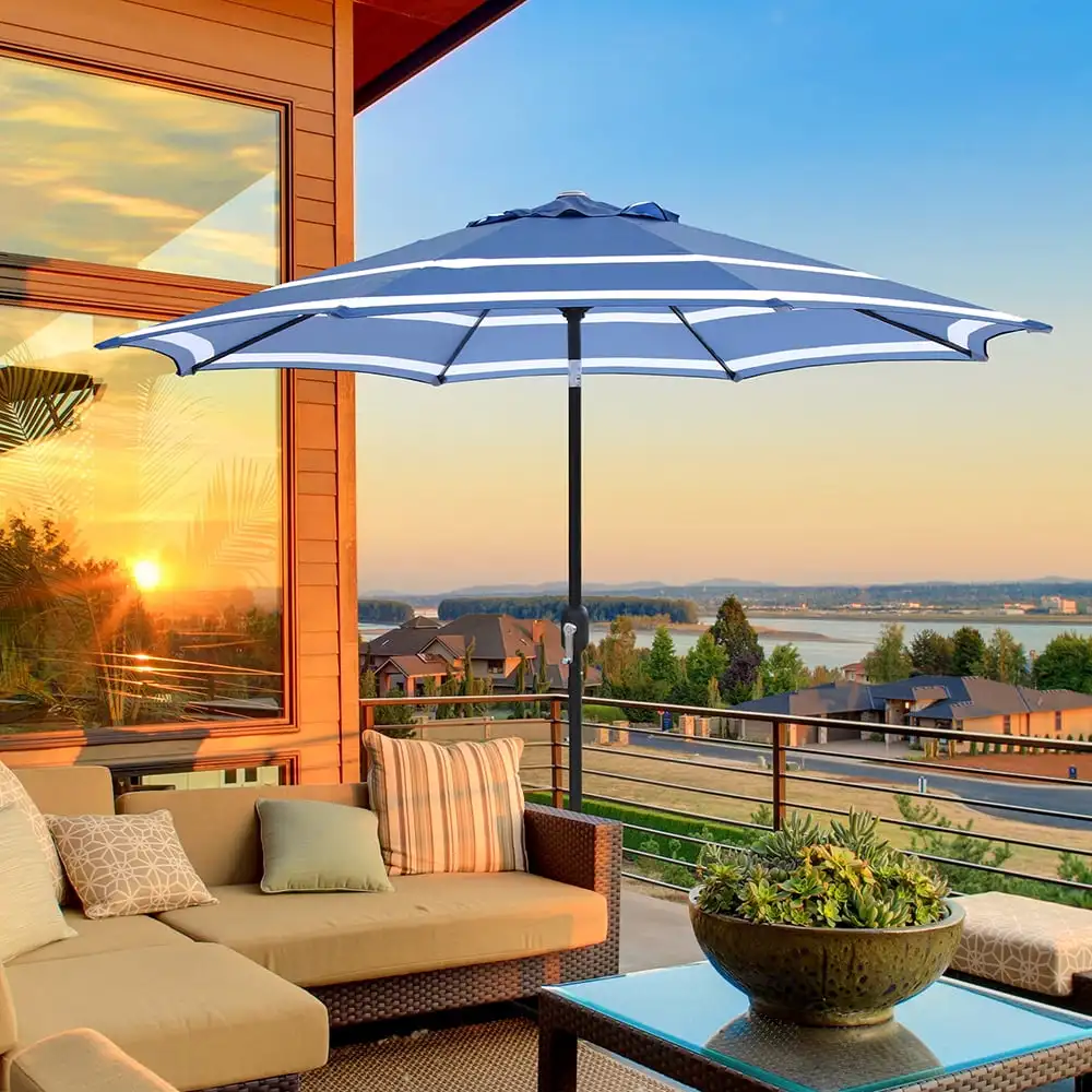 

Outdoor 9ft Patio Umbrella with Crank Handle and Push Button Tilt, Outdoor Market Umbrella with 8 Ribs, Blue & White Stripe