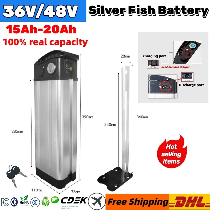 100%Original For E-Bike Silver Fish 24V/36V/48V 20Ah large capacity ultra long endurance 18650 lithium battery pack Built in BMS