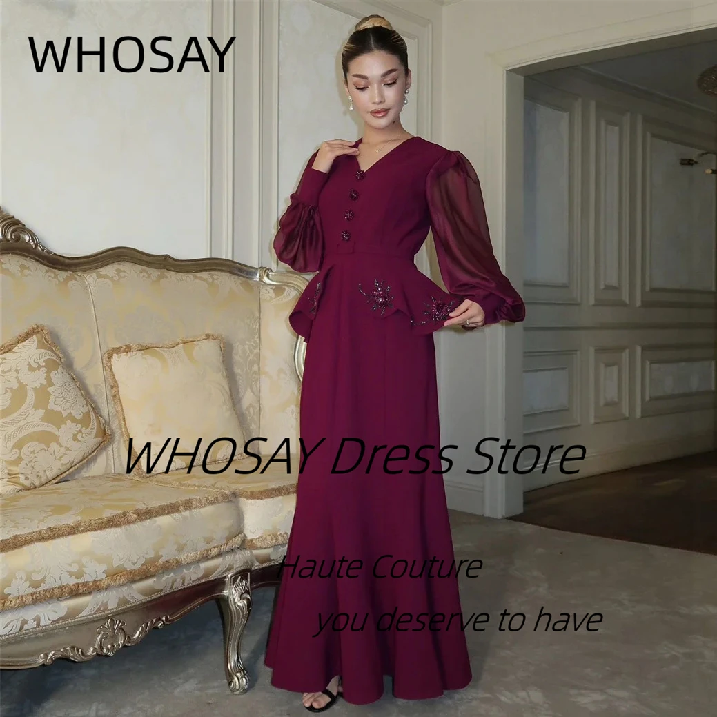 

WHOSAY Вечерние платья с V-образным вырезом, расшитым бисером и длинными рукавами, вечернее платье для выпускного вечера на молнии сзади платье на выпускной по индивидуальному заказу