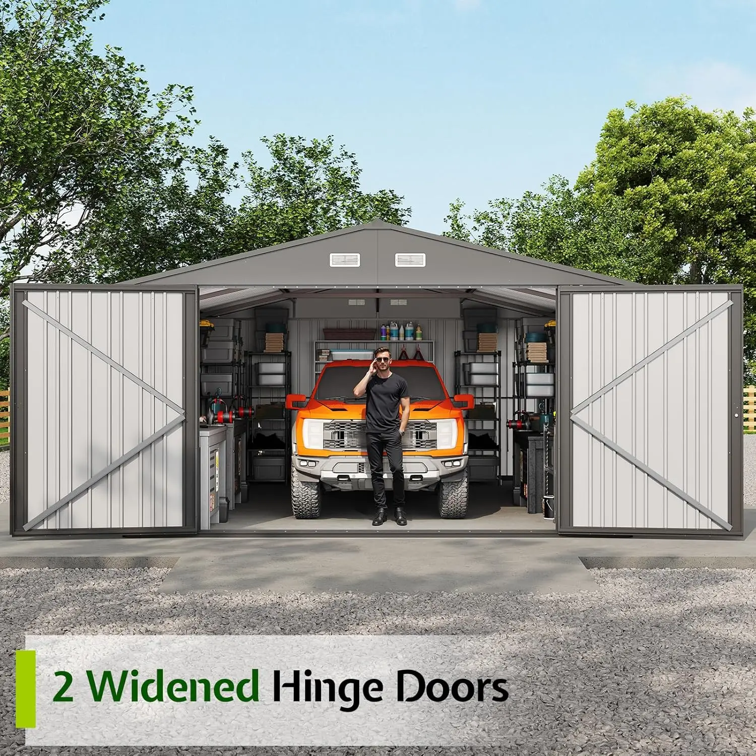 13.2X20.7X8 Ft Carport, Metal Carport With 2 Lockable Doors And 4 Windows, Heavy Duty Carport For Car, Truck, Boats