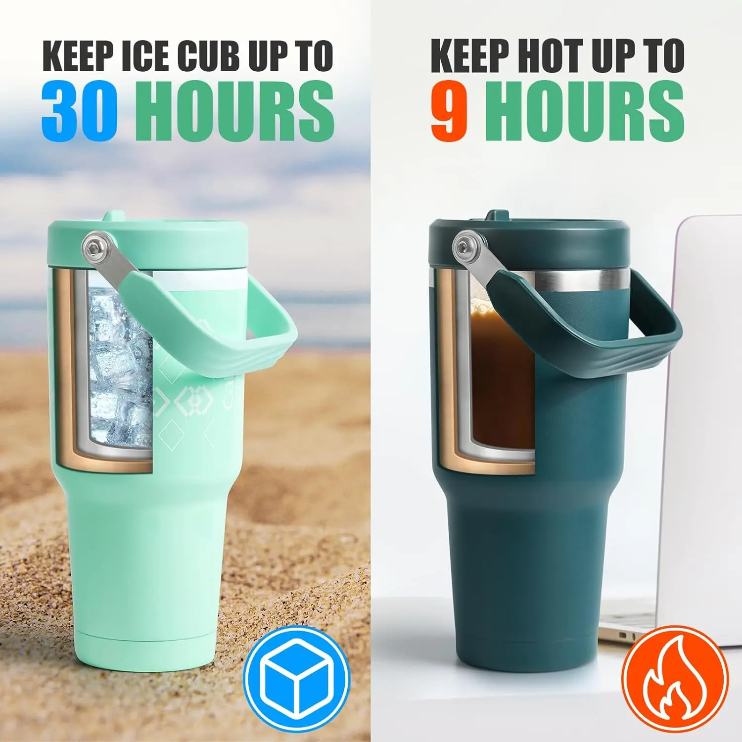 Copo de 30 onças com alça e canudo, copos isolados a vácuo com canudo flip e alça superior, copo isolado reutilizável para casa, O