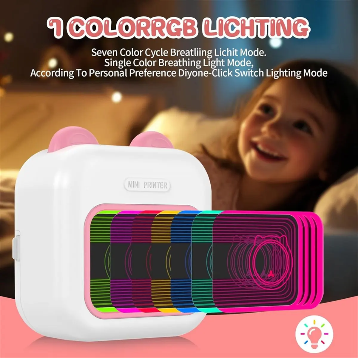 Mini Sticker Printer RGB Light Bluetooth Pocket Inkless Thermal Printer with 10 Rolls Thermal Paper and 5 Pen Fmo A