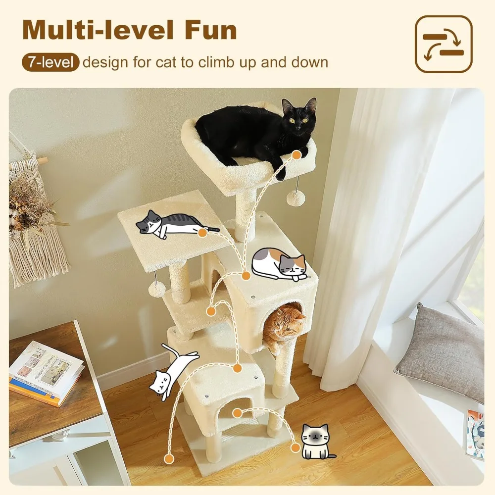 PAWZ Road Cat Tree Tower 62 Inches Cat Tree with 2 Condos,2 Large Perch,4 Scratching Posts & 1 Scratching Board, and 2 Hanging B