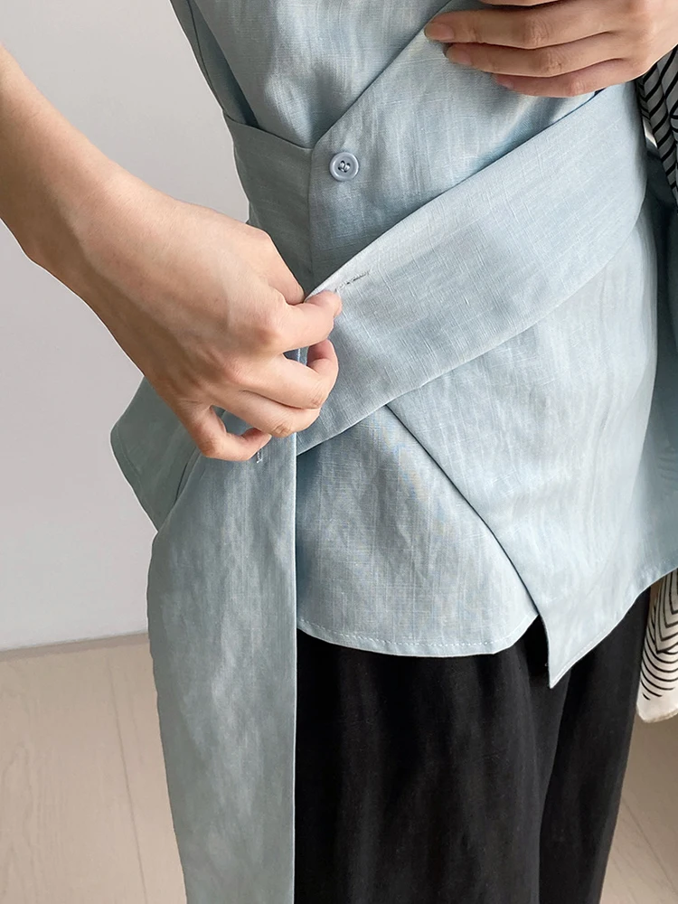 YERMORA White Linen Asymmetric Ribbon Casual Blouse For Women V-neck Sleeveless Loose New Vest Shirt Fashion Tdie Spring Summer