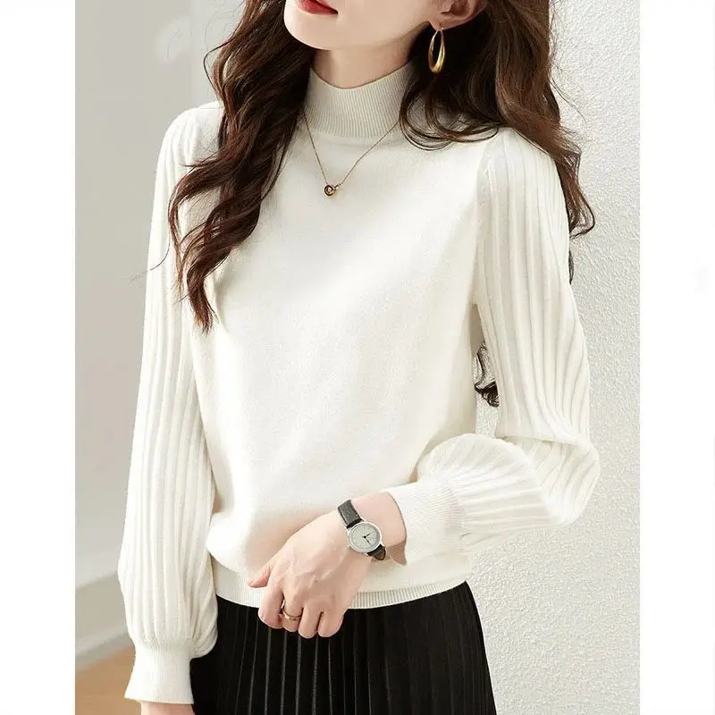 Korean Fashion Trend Autumn Winner Sweaters Women\'s Mock Neck Solid Simplicity Office Lady Puff Sleeve Pullovers Knitted Tops