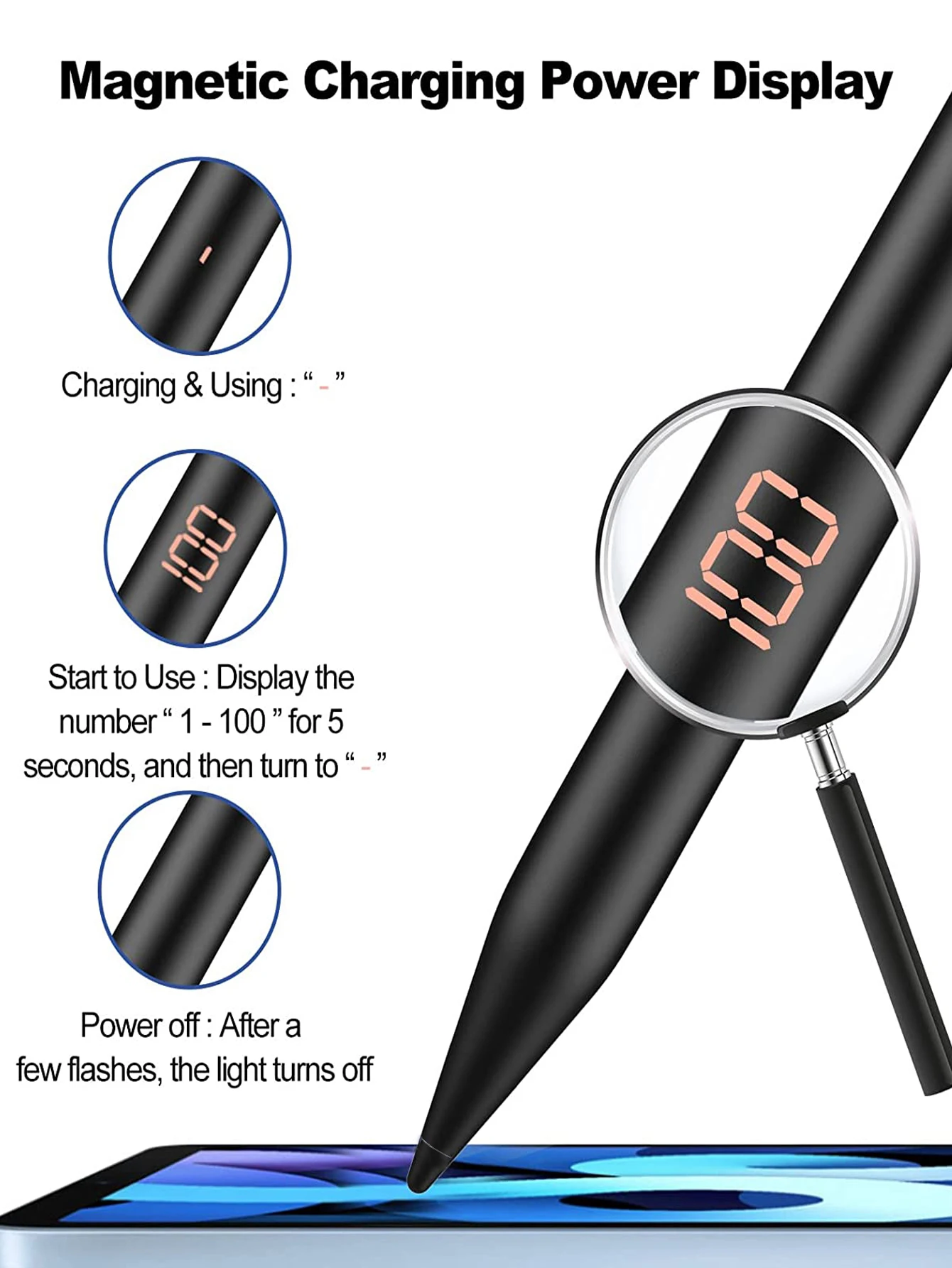 Stylus Pen for iPad Pencil with LED Power Display, Palm Rejection, Tilt Sensitivity, Magnetic Function for iPad 2018-2023