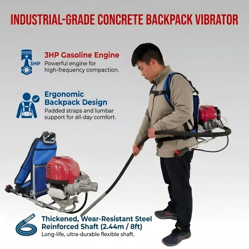 for 3HP   Engine Portable Backpack Concrete Vibrator with 2.44m Flexible Shaft for Degassing and Filling