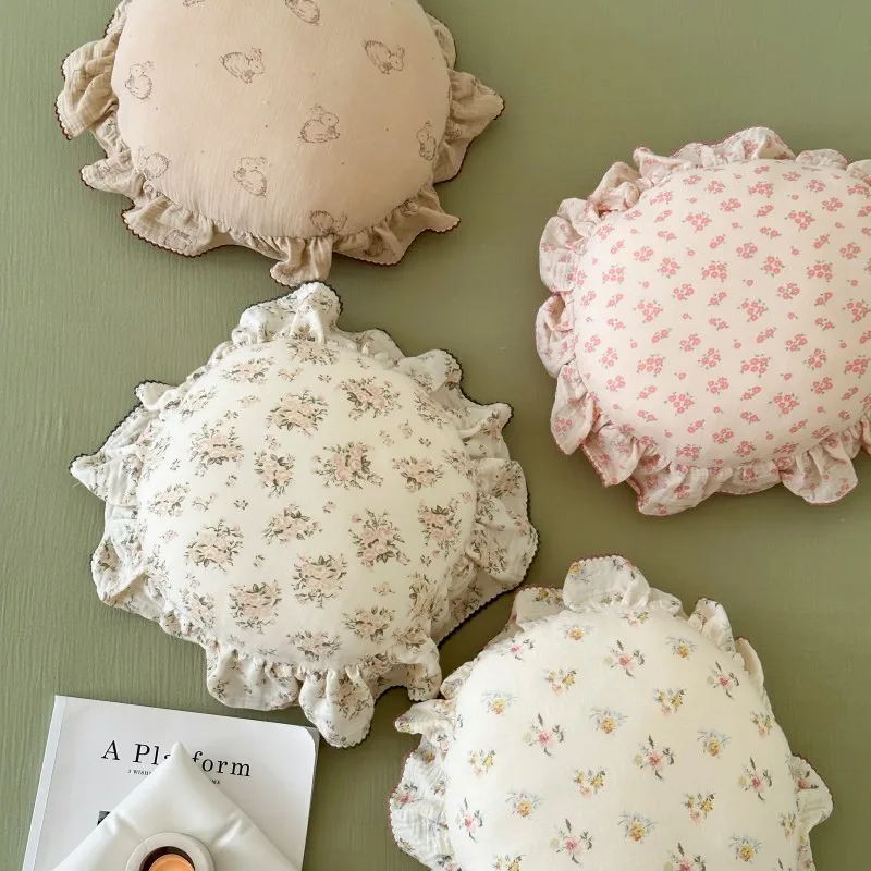 30cm Cottagecore Floral Round Throw Pillow Ruffle Edge Sweet Girlish Cushion Beige/ Blush Pink/Cream White Sofa Bedroom Decor
