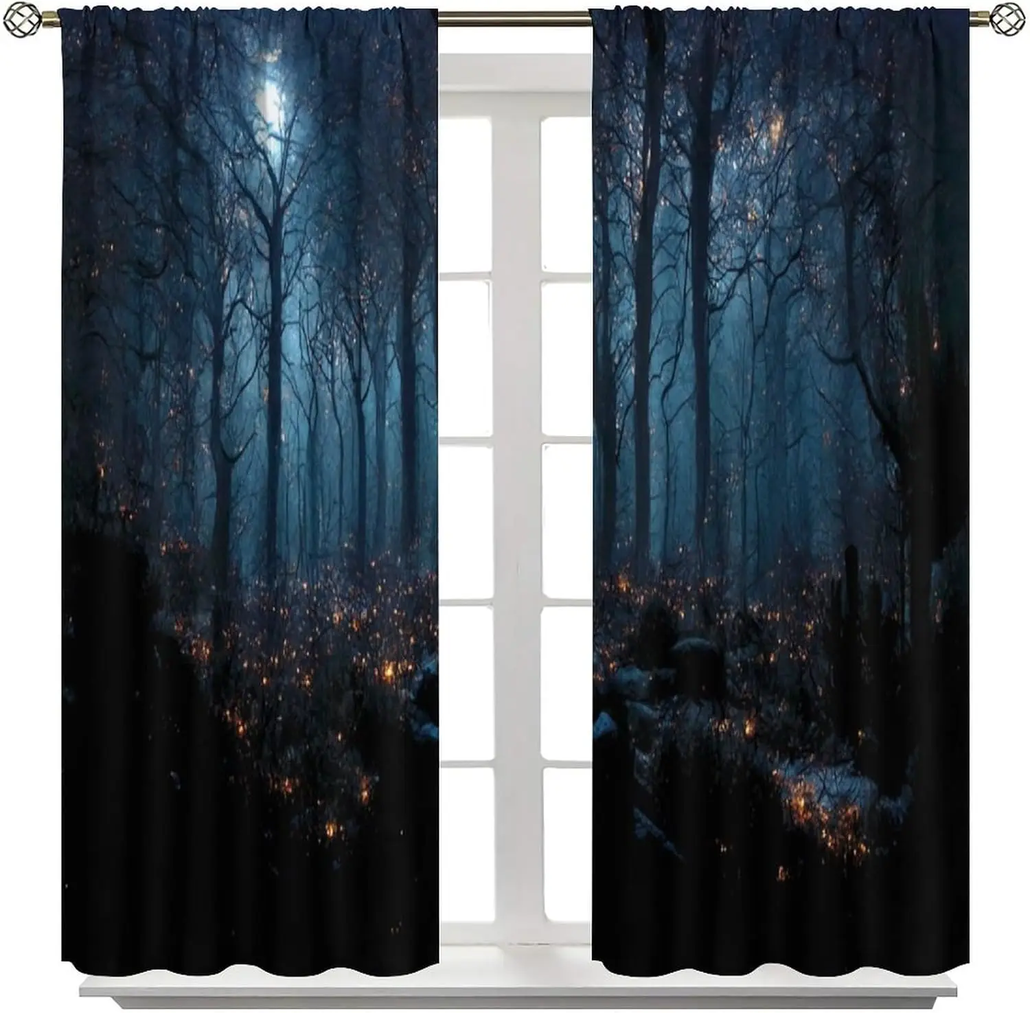 Gothic Forest Curtains, Darkness Spooky Window Treatments, Creepy Horror Dark Wood Halloween Fireflies Window Drapes for Bedroom