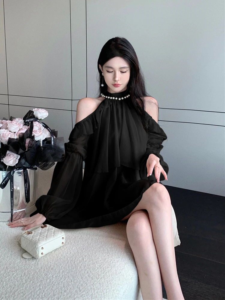 Off Shoulder Blouses Women Long Sleeve Ruffles Halter Chiffon Sexy French Style Loose Tops Temperament Birthday Party Ins Tender