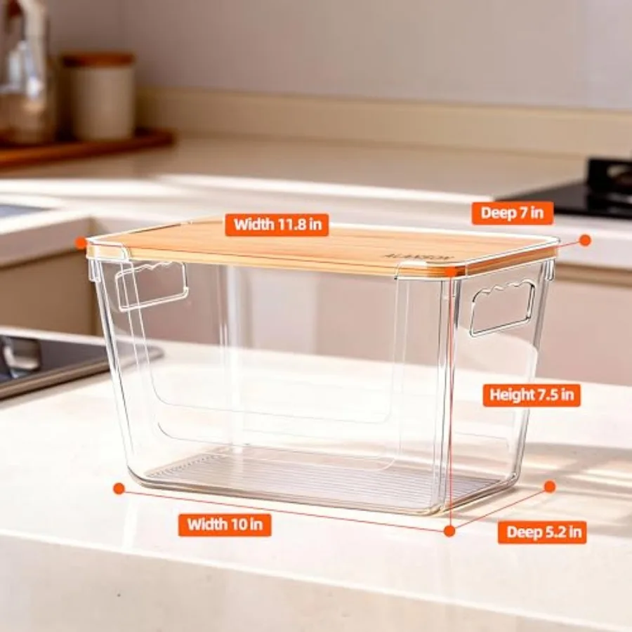 4 Pack Clear Storage Bins with Bamboo Lid, Garbage Bag Dispenser, Pantry Organizers and Storage for Onion Potato, Under Sink Or view 2