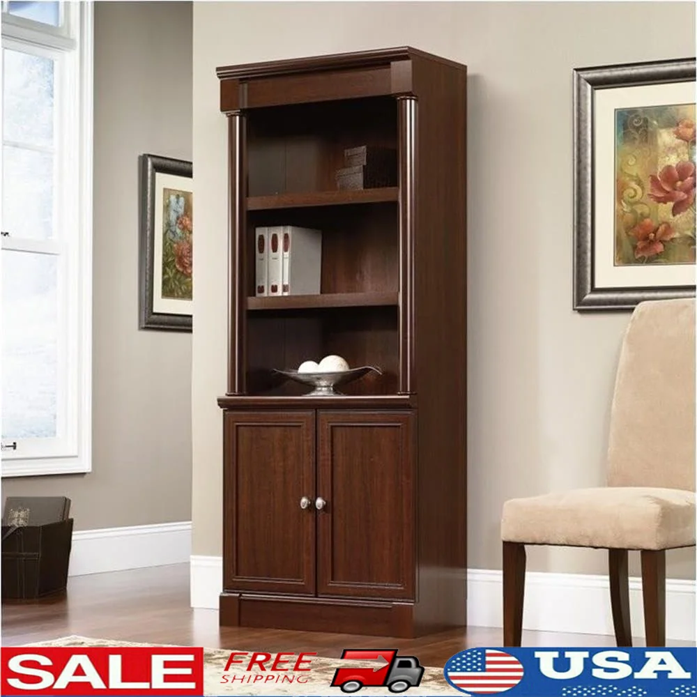 

Adjustable Bookcase with Doors Storage Shelves Engineered Wood and Metal Hidden Storage Enclosed Back Cut-outs Cables and Cords