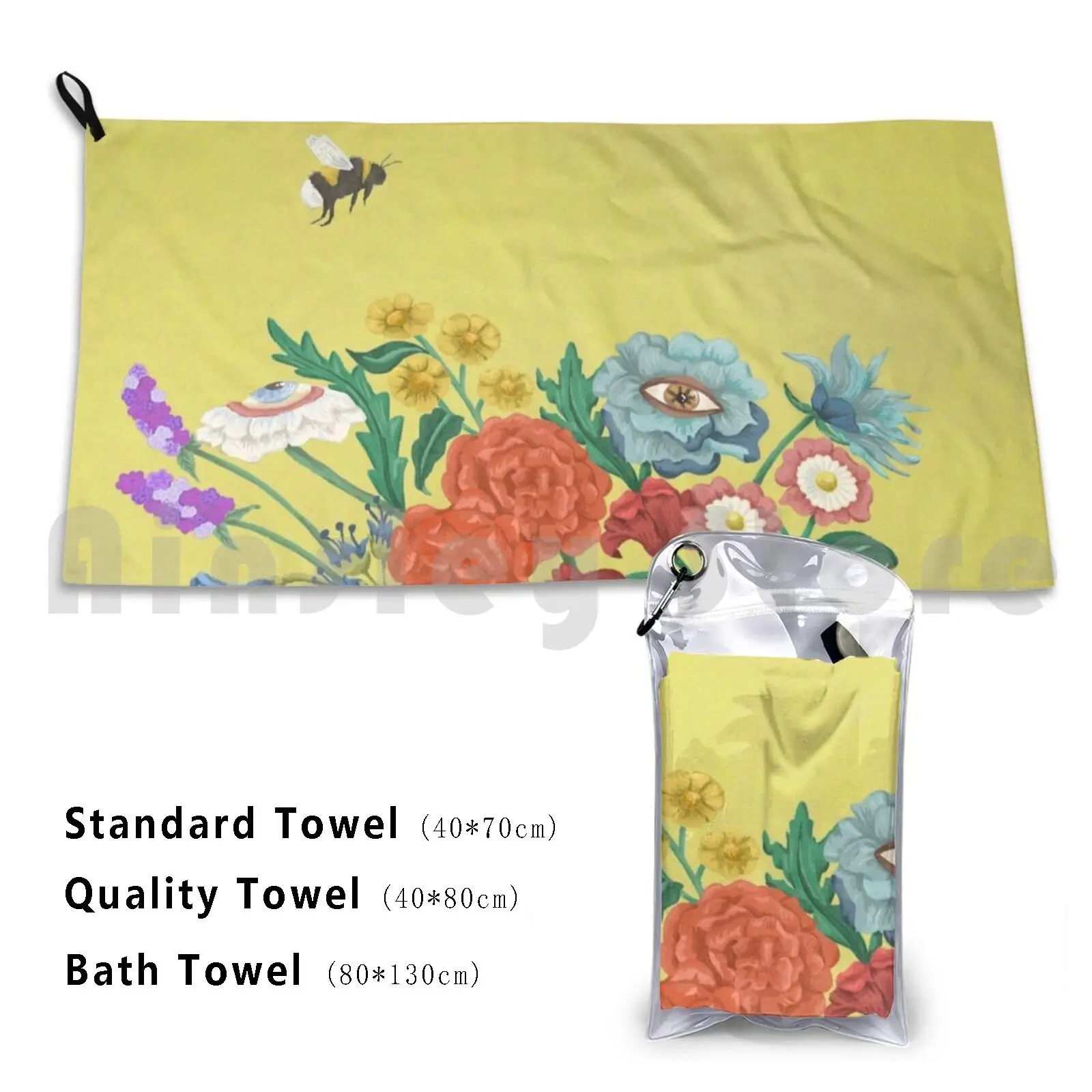 Flourishing Yellow Bath Towel Beach Cushion Wildflowers Roses Surreal Bumblebee Nature Silhouette