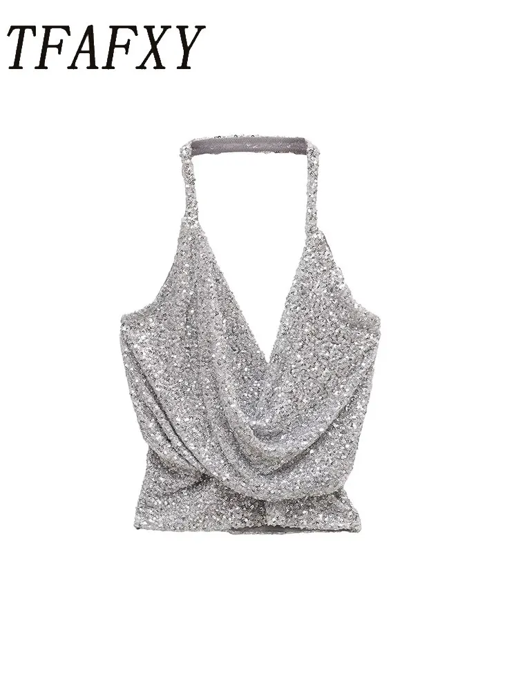 TFAFXY Damen Sexy V-Ausschnitt Neckholder Top Frau ärmelloses Pailletten-Top für Frauen gerafftes Camis-Top