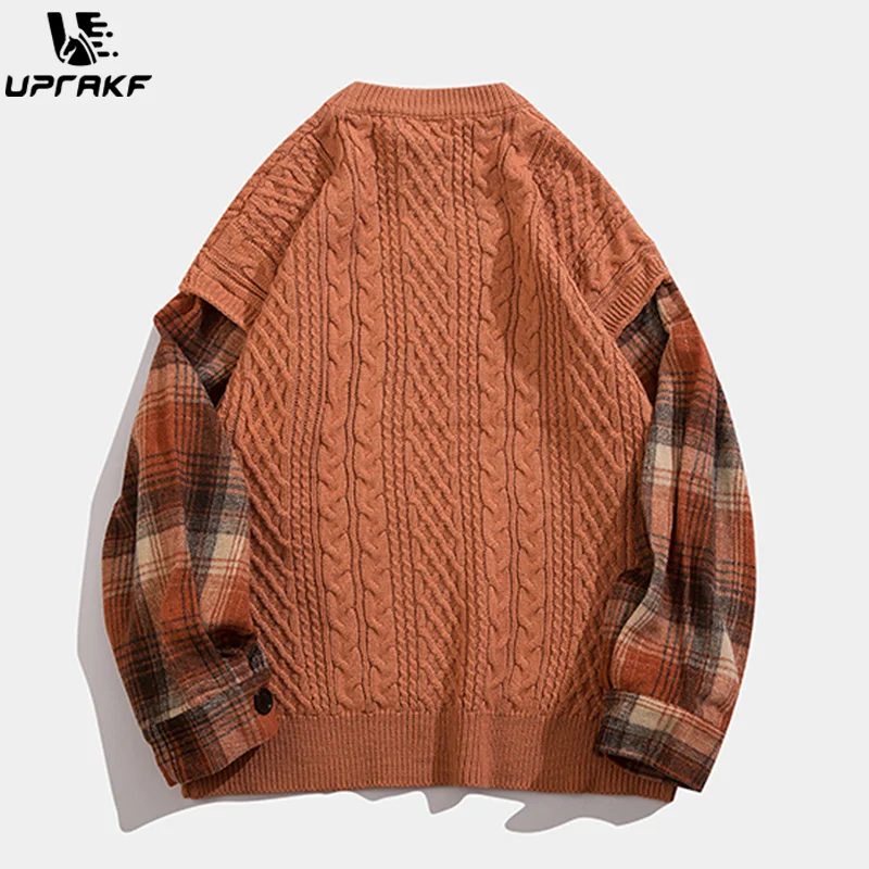 UPRAKF Solid Color Patchwork Sweater Long Sleeve Loose Tops Outwear Pullover Fashion Streetwear Tops