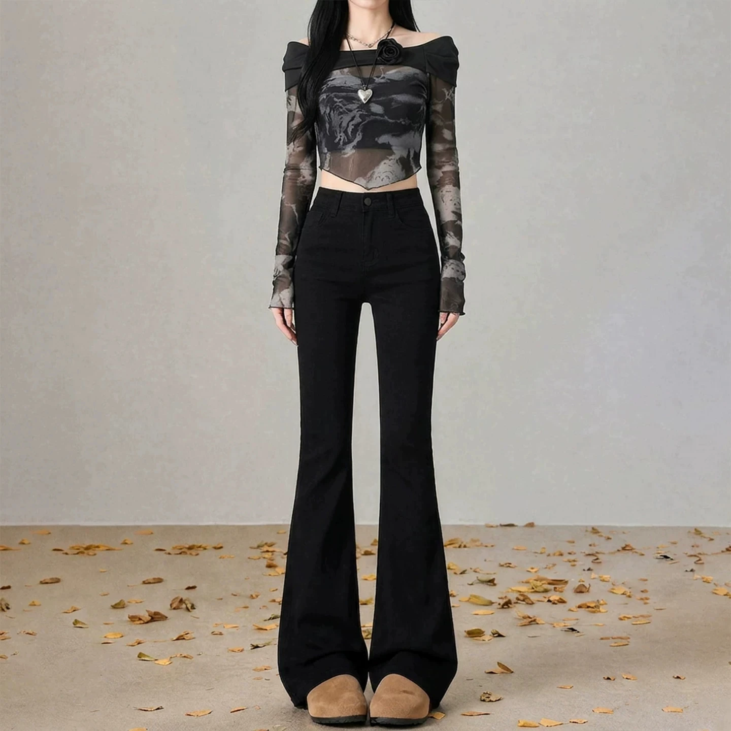 Black Slim Fit Micro Flare Jeans Women's High Waist Elastic Miniature Jeans Cotton Stretch Denim Midweight Wear Resistant