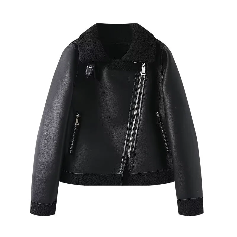 

Warm Autumn Women Leather Jacket Black Turn Down Collar Pocket Zipper Coat For Lady Streetwear Commuting Chic Fenmale Outerwear