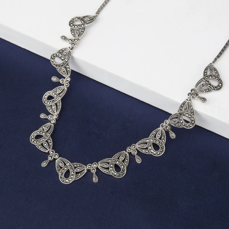 YYSuniee S925 Pure Silver Thai Silver Women's Grand Retro Court Inlaid Marcasite Silver Necklace Jewelry