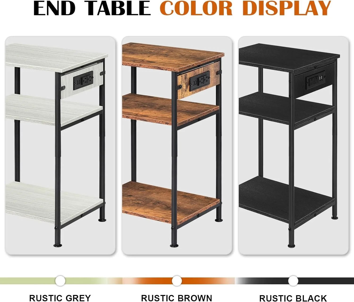 Nightstand with Charging Station,3 Tier Black Nightstand End Table with Storage Shelf,Narrow Side Table with USB Ports