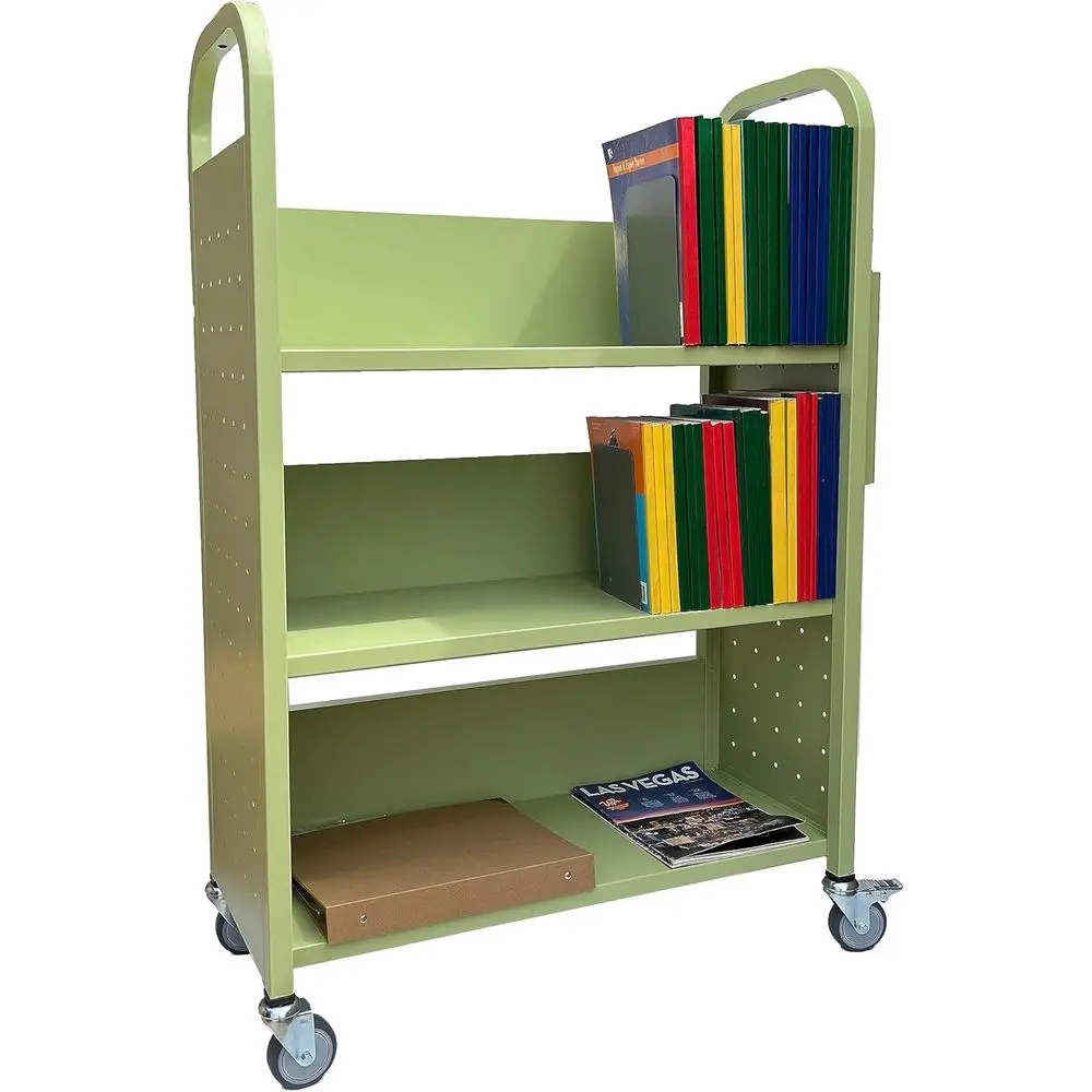 Carrito de Libros con Ruedas, 3 Estantes, Carrito de Libros con Ruedas Giratorias Bloqueables 3001 Verde
