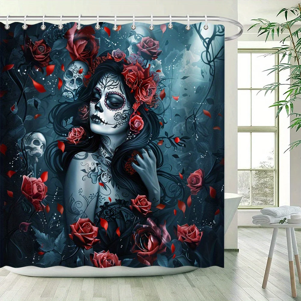 Gothic Skeleton Curtain, Romantic Art, Moonlit Woman with Roses & Skulls, Polyester,  12 Hooks