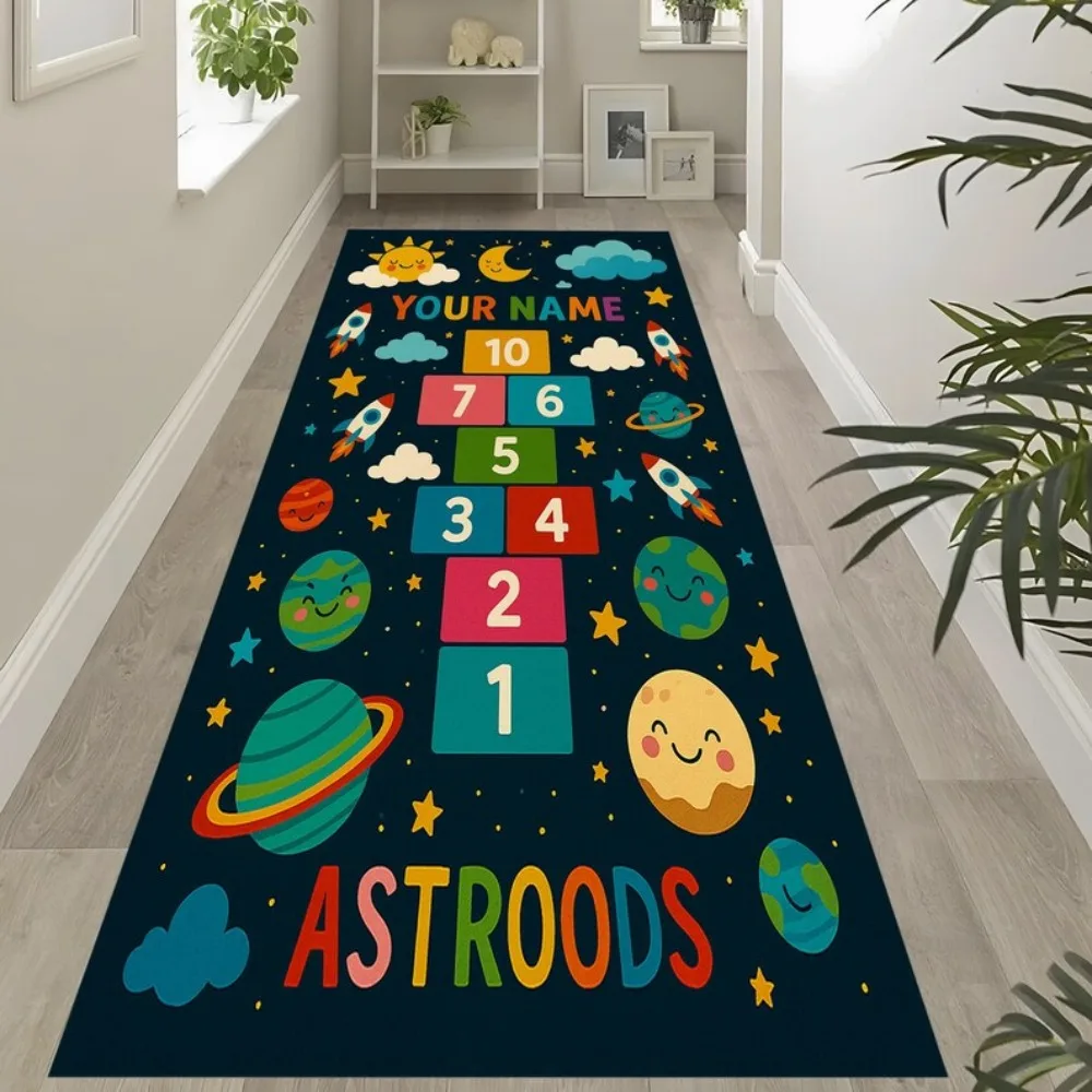Rocket Space Hopscotch Rug Planets Stars Carpet Runner Rug, Dark Galaxy Theme, Fun Kids Playroom Decor Non-Slip Aisle Mat