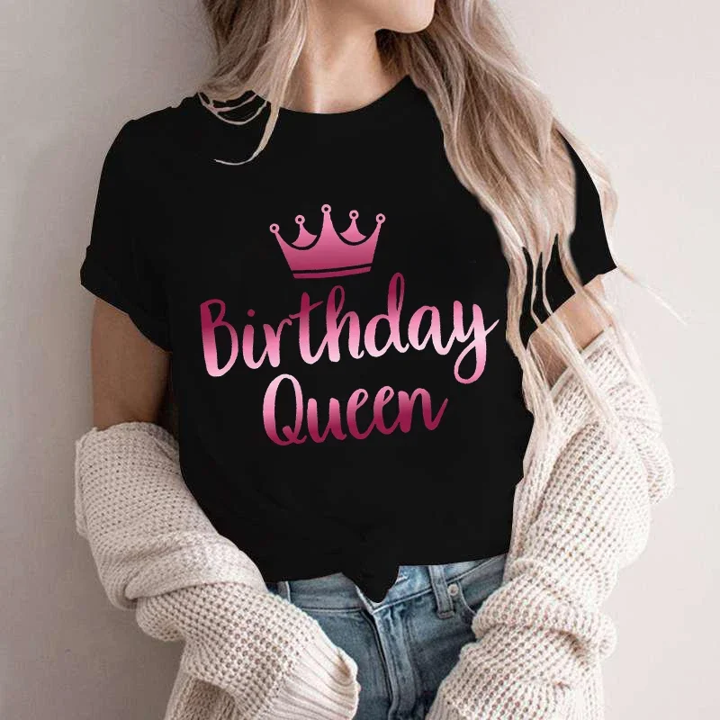 Birthday Squad Printed Women's T-shirt Birthday Party Tshirt Casual Tee Tops Birthday Queen Girl  Short Sleeved Women's Clothing