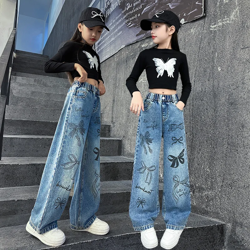 Girls Hand Drawn Graffiti Design Jeans New Teenage Children Wide Leg Denim Pants for Kids Loose Trousers Spring Autumn 4-15 Yrs