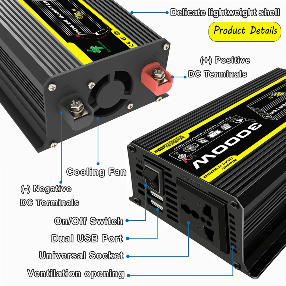 Dual USB Modified Sine Wave Car Power Inverter DC12V-110/220V 3000W Car Inverter Voltage Transformer Automotive Battery Charger