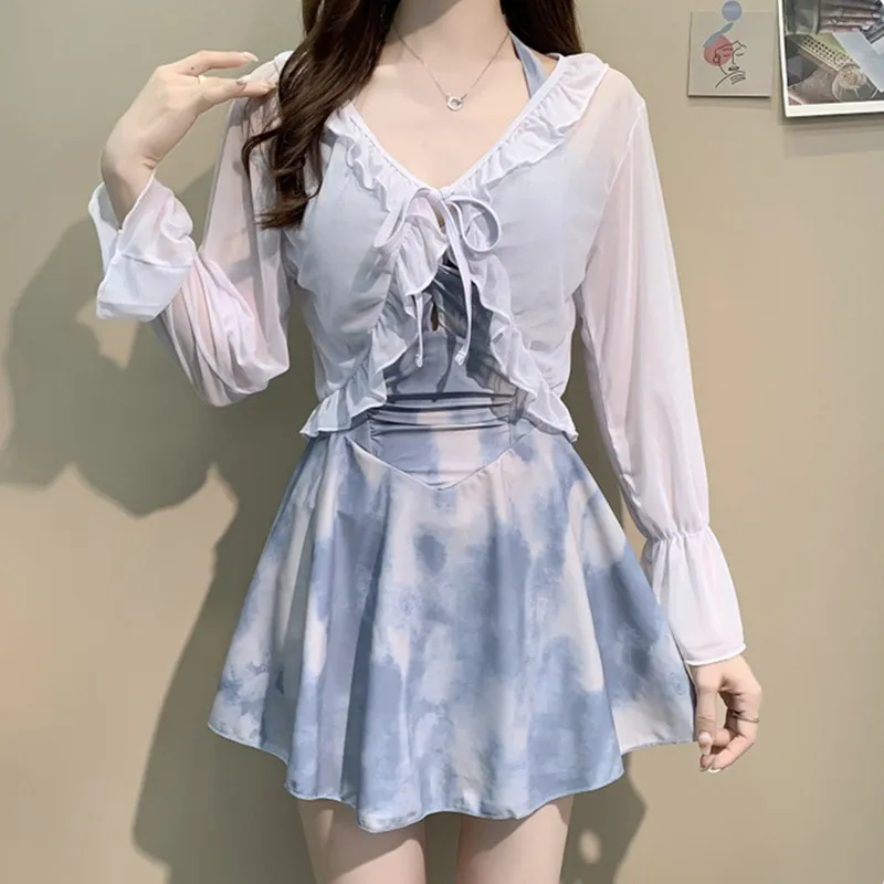 Traje de baño de una pieza de verano para mujer, conjunto de traje de baño de Color degradado dulce, banda para el cuello Sexy, diseño sin espalda, ropa de vacaciones en la playa 2025