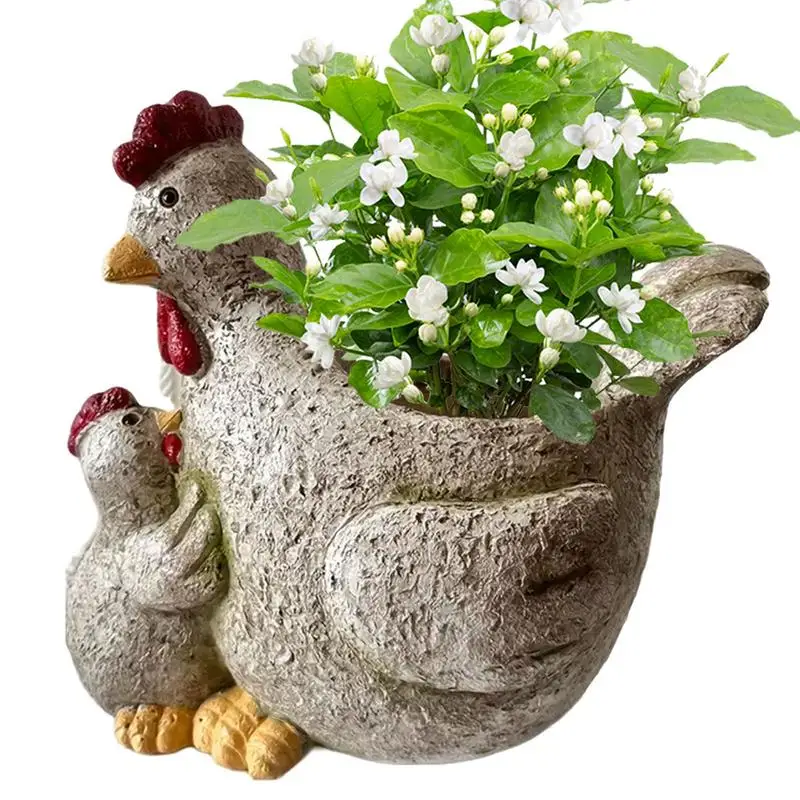 Cartoon Parent-Child Chicken Rooster Pot Cute Animal Statue Bonsai Plant Holder For Garden Rooster Planter Ornament for indoor