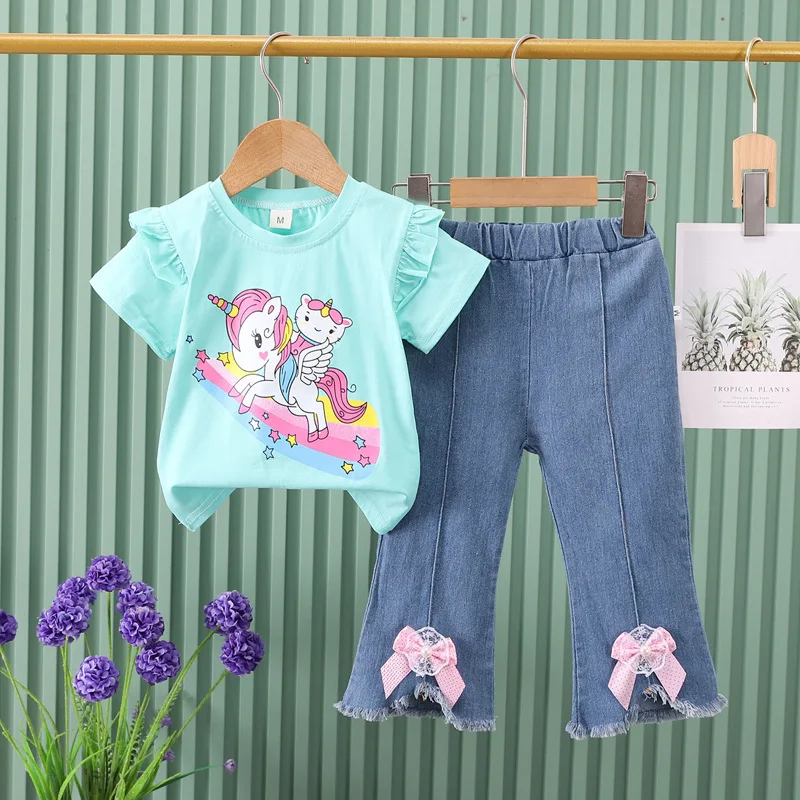 2024 neue kinder Set Mädchen Sommer Cartoon Gedruckt Kurzarm + Cowboy Hosen Infant Mode Set 0-4 jahre Alt – Detail 3