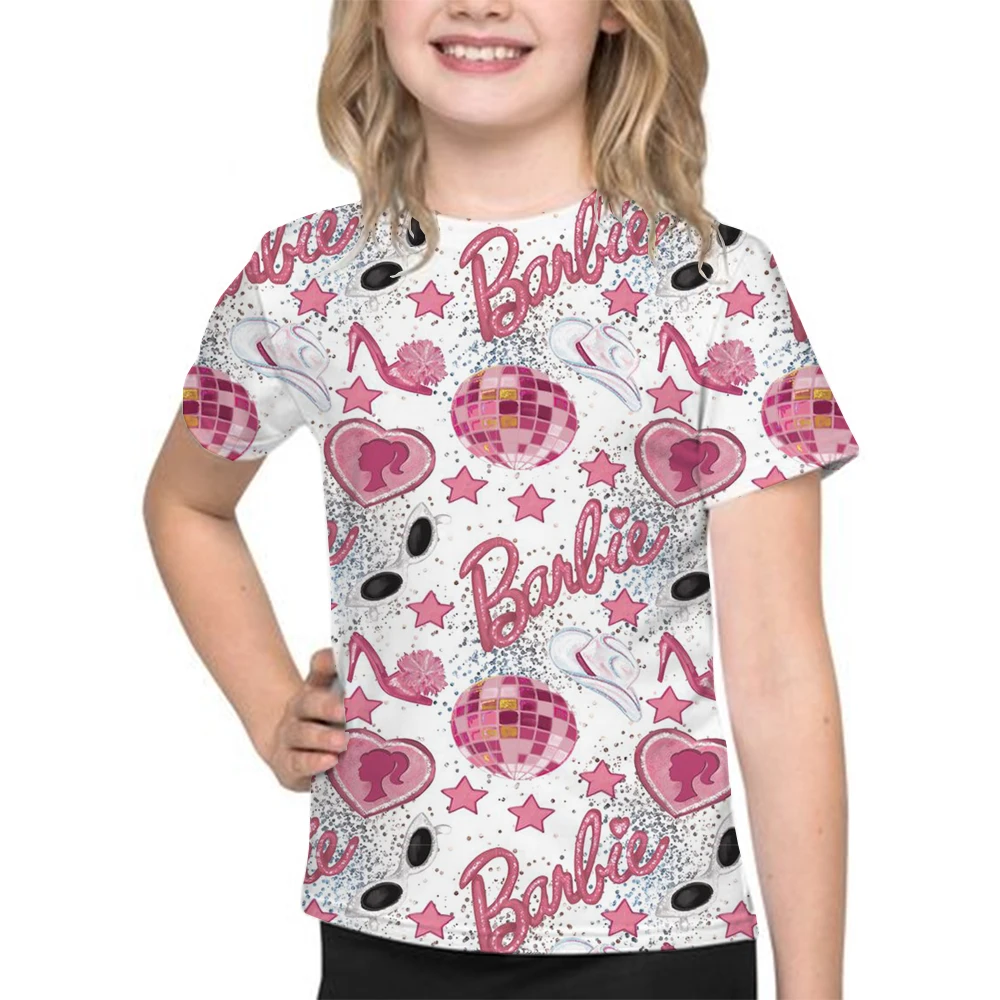 Nuova t-shirt per bambini estate Barbie cartoon print t-shirt a maniche corte per bambini ragazze Casual top ragazze moda estate marea